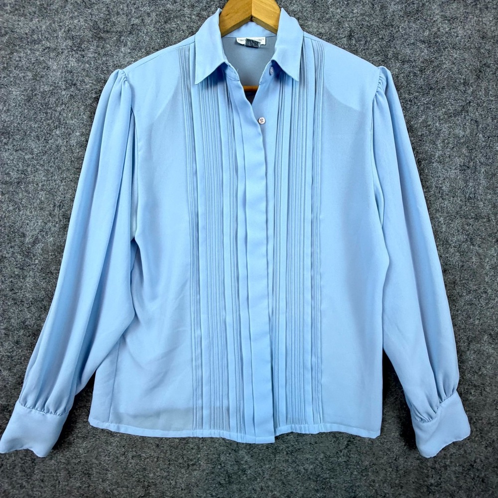 Vintage Circle Square Secrtary Blouse Womens 10 Light Blue‎ Pleated Office Chic
